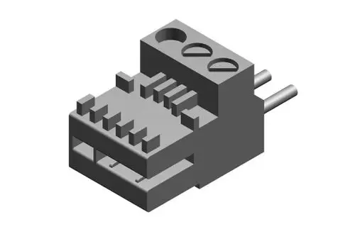 BOSCH Stecker in grauer Ausführung mit mehreren Anschlussstiften und zwei herausstehenden Leitungen. Gezeigt aus einer isometrischen Perspektive.